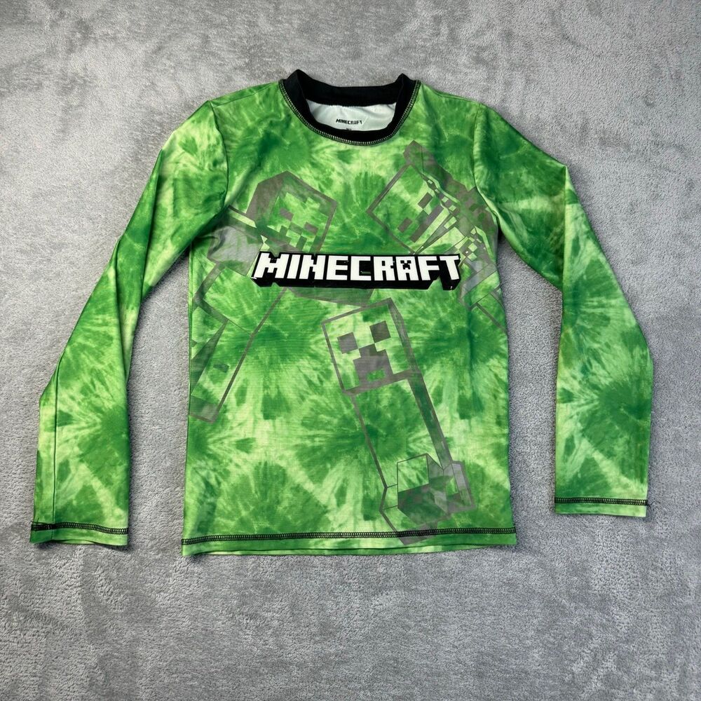 Minecraft Rash Guard Shirt Boys 10/12 Green UPF-50+ Long Sleeve Swim Top Mojang